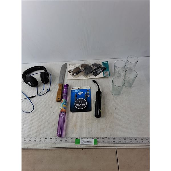 (4) Drinking Glasses, Bubble Wand, Sun Glasses, Misc