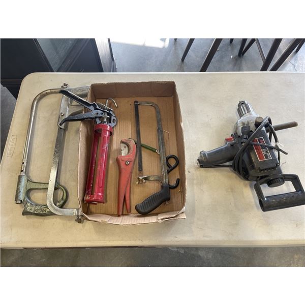 TRAY OF TOOLS AND HANDSAWS