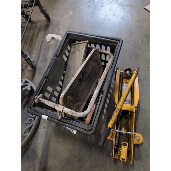 HYDRAULIC JACK AND BASKET OF VINTAGE MIRRORS