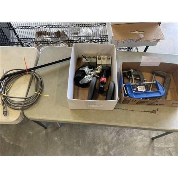 6 C-CLAMPS WITH BOX OF CASTERS, DRAIN SNAKE AND MORE