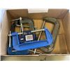 Image 2 : 6 C-CLAMPS WITH BOX OF CASTERS, DRAIN SNAKE AND MORE