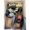 Image 3 : 6 C-CLAMPS WITH BOX OF CASTERS, DRAIN SNAKE AND MORE