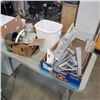 Image 1 : 2 BOXES AND BUCKET OF HARDWARE METAL SHELVES AND MORE