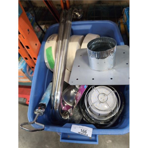 TOTE OF ASSORTED ITEMS INCLUDING LED LANTERN, DRYWALL TAPE AND MORE