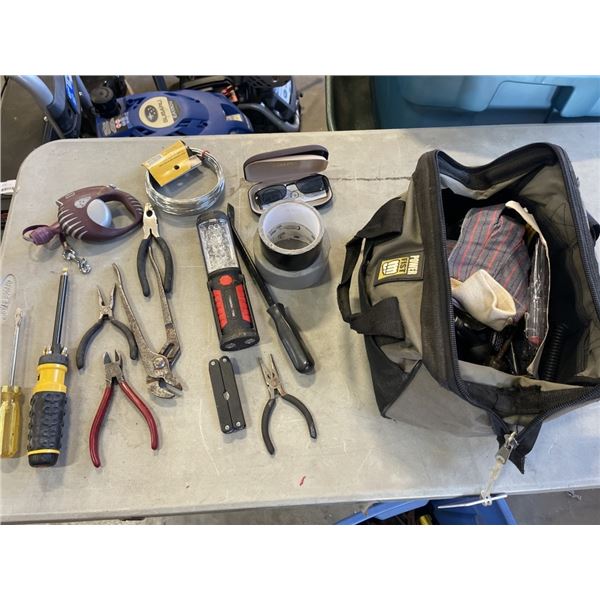 TOTE OF ASSORTED TOOLS, HAMMERS, PRY BAR ETC.