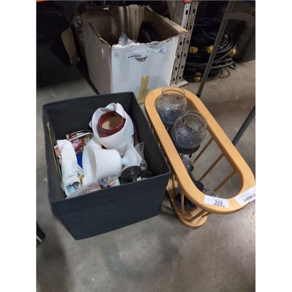FABRIC BOX AND RACK OF COLLECTIBLES AND DECOR