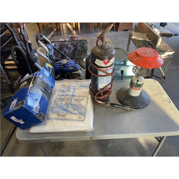 SPRAYER, TORCH, COLMAN LANTERN AND TARP