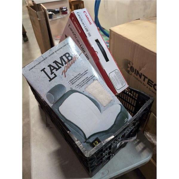 BOX OF SCANNER, SEAT COVERS AND PAPER SHREDDER