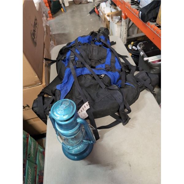 HIKING BACKPACK AND DIETZ LANTERN WITH SLEEPING SACK AND PICNIC SUPPLIES