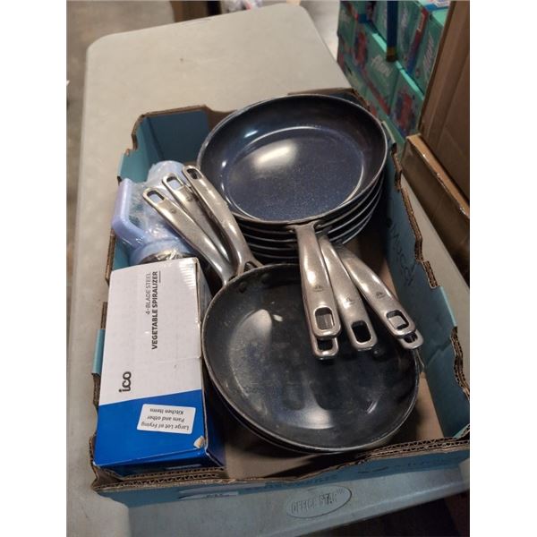 LARGE LOT OF FRYING PANS AND OTHER KITCHEN ITEMS.
