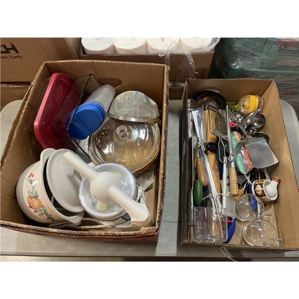 2 BOXES OF KITCHEN SUPPLIES AND SERVING ITEMS