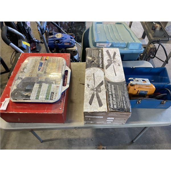 ROTARY TOOL WITH ACCESSORIES, CEILING FAN, METAL CASE AND JIGSAW