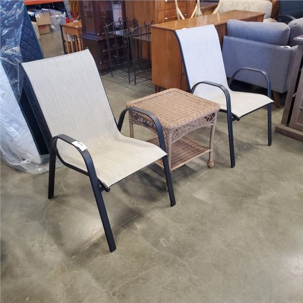 PIER ONE IMPORTS PATIO TABLE AND 2 BLACK STACKING PATIO CHAIRS