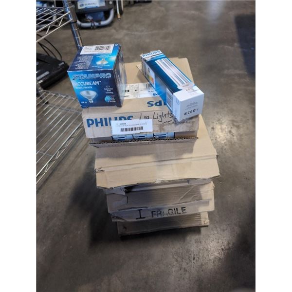 2 CASES OF NEW SYLVANIA PAR 30 SCREW TYPE HALOGEN BULBS, 15 PER CASE AND PHILIPS 57 WATT BULBS
