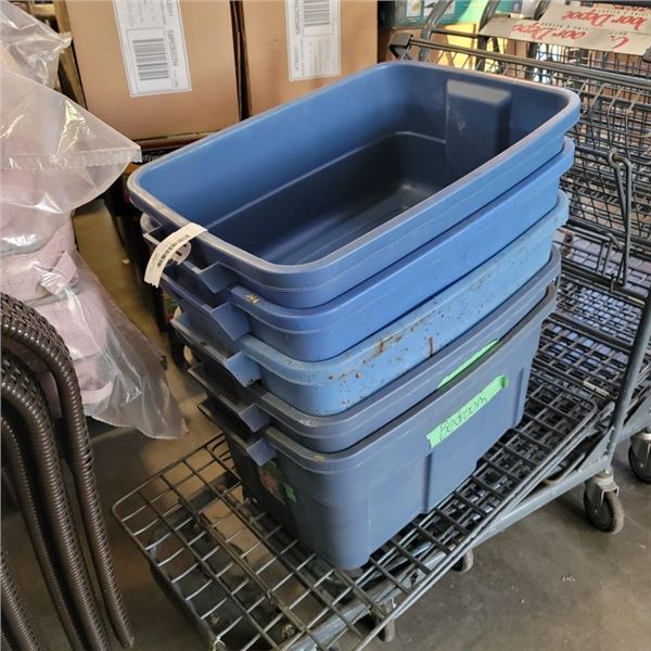 5 RUBBERMAID TOTES, NO LIDS