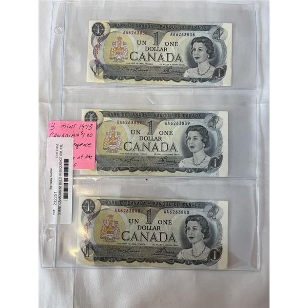 3 MINT CANADIAN $1 BILLS IN SEQUENCE 838, 839, 840 LAST ISSUE $1 BILL
