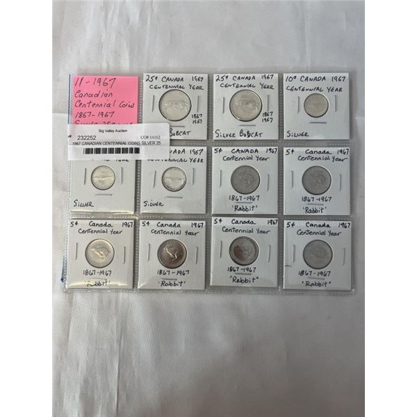 11 - 1967 CANADIAN CENTENNIAL COINS SILVER 25 CENT AND 10 CENT PLUS RABBIT NICKELS