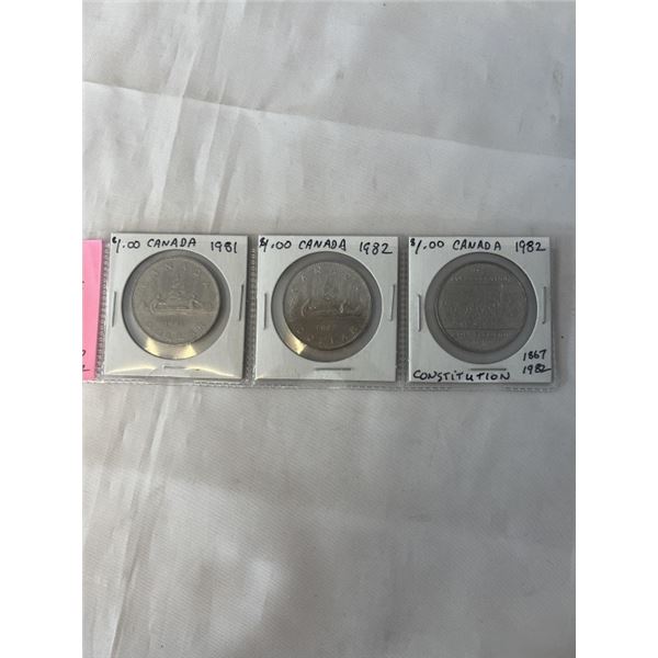 3 CANADIAN DOLLARS 1981, 1982 TYPE 1, 1982 TYPE 2