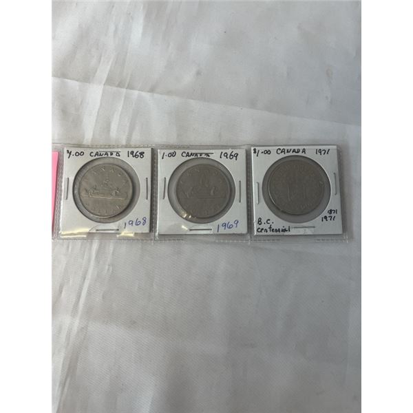 3 CANADIAN NEWER DOLLARS 1968, 1969, 1971 (BC CENTENNIAL)