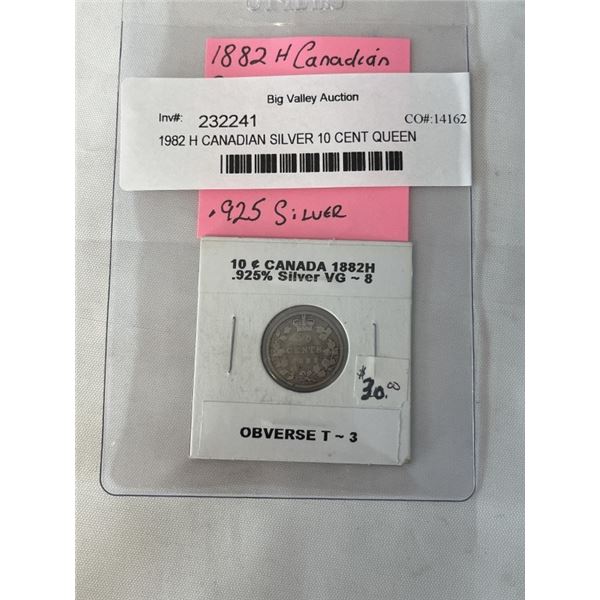 1882 H CANADIAN SILVER 10 CENT QUEEN VICTORIA VG CONDITION .925 SILVER