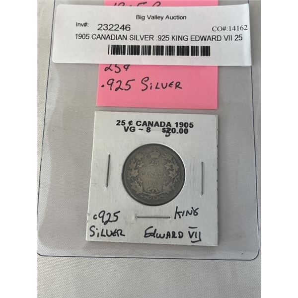 1905 CANADIAN SILVER .925 KING EDWARD VII 25 CENT COIN