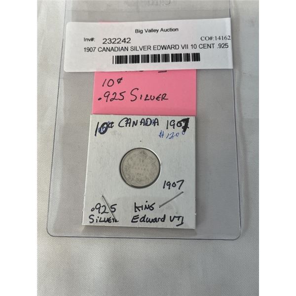 1907 CANADIAN SILVER EDWARD VII 10 CENT .925 SILVER