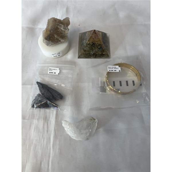 CLEAR QUARTZ, RARE BLACK KYNITE, NATURATE CITRINE, BANGLES AND LEBODORITE PYRAMID