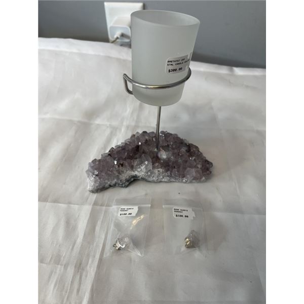 AMETHYST CANDLE HOLDER AND 2 ROSE QUARTZ PENDANTS