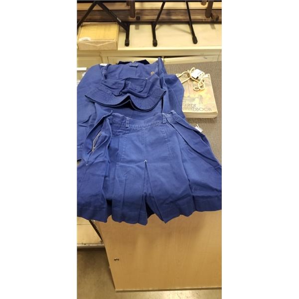 70'S GIRLGUIDE UNIFORM WITH CAP, BOOK, PINS AND WHISTLE
