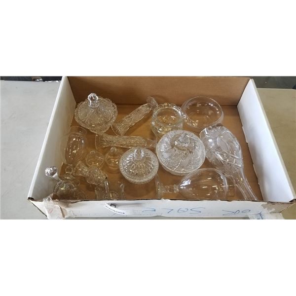 ASORTED GLASS DISHES, BOWLS, DECANTER, BELL  AND LARGE JAR