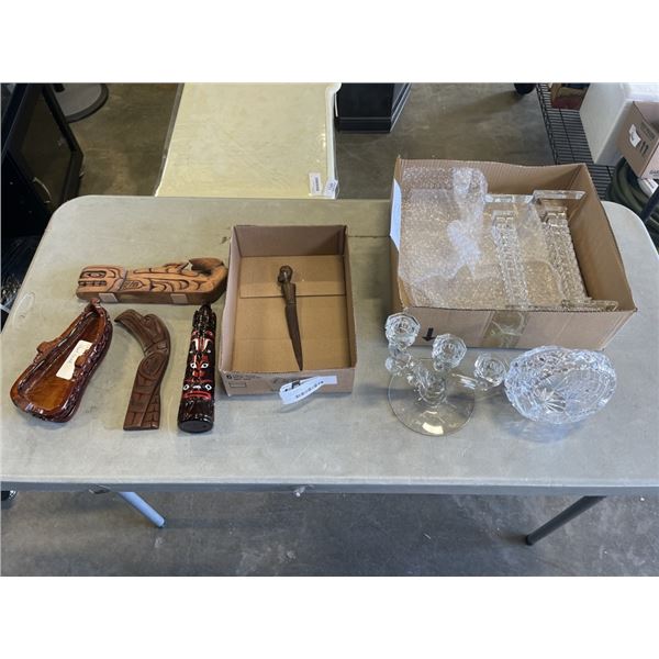 2 BOXES OF CRYSTAL 4PCS AND 1ST NATION WOOD CARVINGS ABORIGINAL