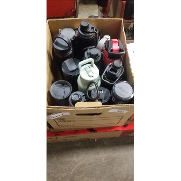 BOX OF ASSORTED INSULATED WATER BOTTLES AND MUGS