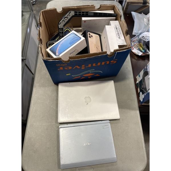 BOX OF MACBOOK, LAPTOP, EMPTY RETAIL BOXES AND MORE