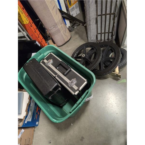 2 HARDCASES, IRON HANGER AND 3 UTILITY WHEELS
