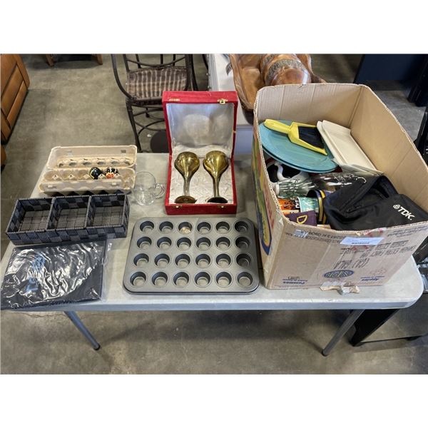 BOX OF HOUSEHOLD ITEMS WITH PAINTED EASTER EGGS