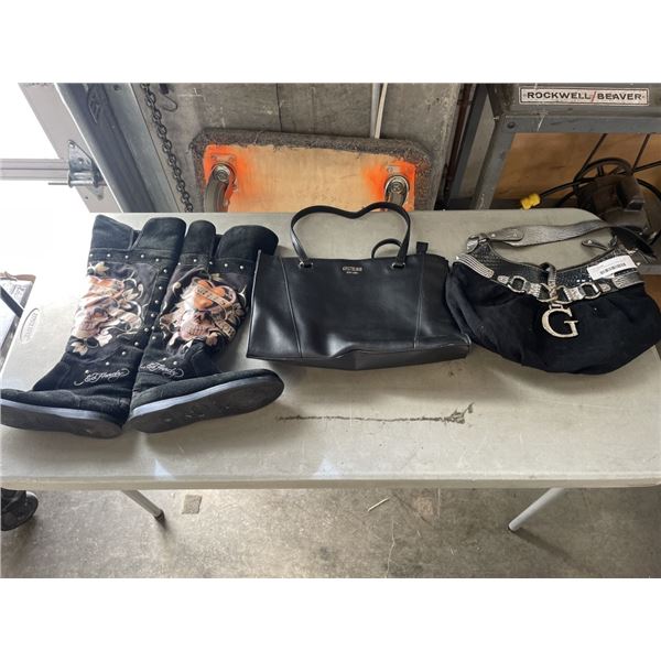 2 GUESS PURSES AND ED HARDY BOOTS