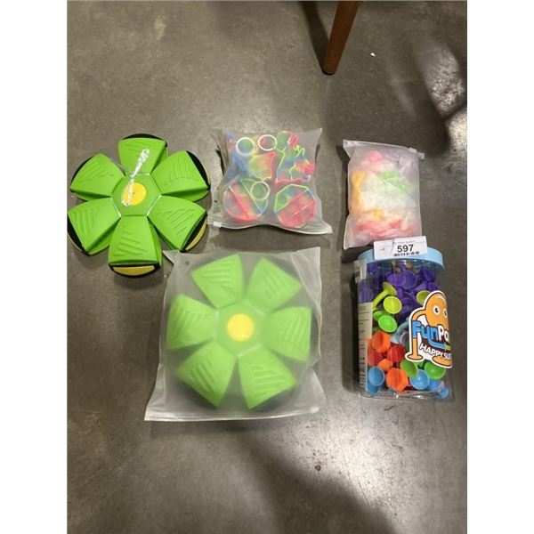 2 NEW DOG BALLS , FIDGIT POPPERS KEYCHAINS, SILICON SUCTION TOYS AND SLING TOYS