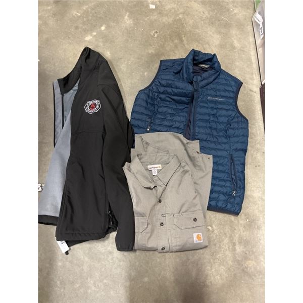 CARHARDT SHIRT, EDDIE BAUER VEST AND OTHERS WITH HANGER OF VARIOUS BELTS