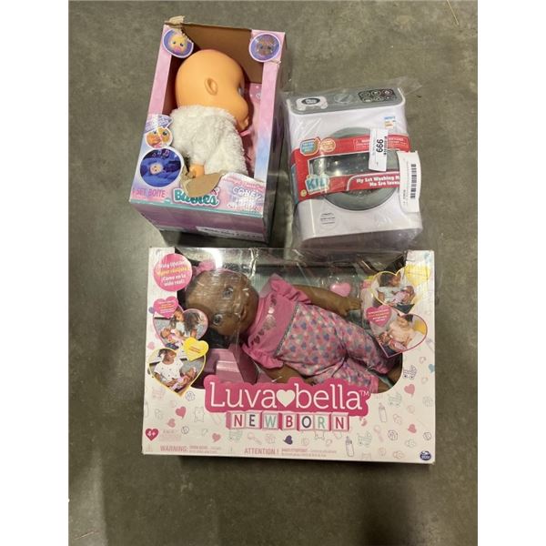 LOT OF NEW KIDS DOLLS AND WASHING MACHINE