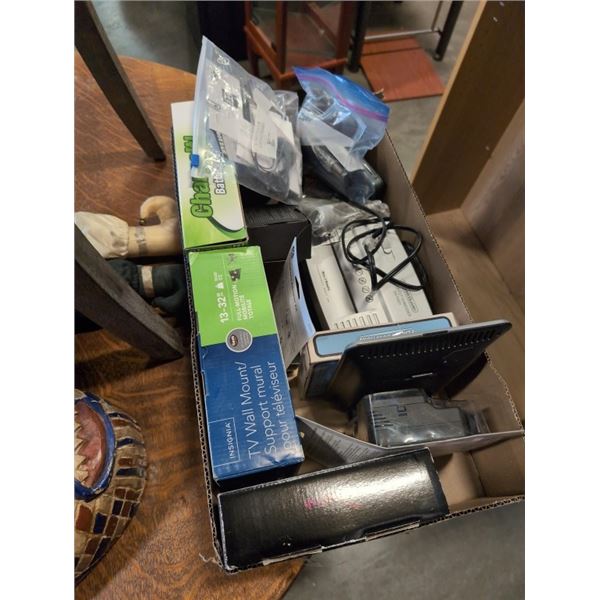 BOX OF ELECTRONICS, WEATHER STATION BATTERY CHARGER AND MOUNTS