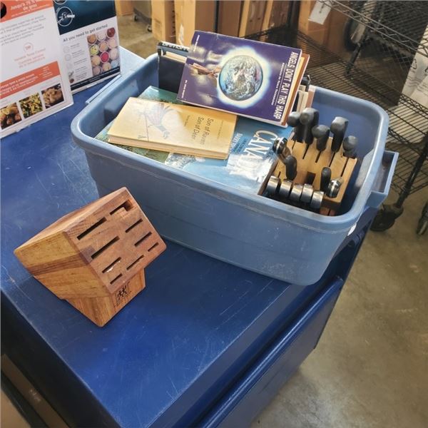 TWO KNIFE BLOCKS, ONE HAS KNIVES, AND ASSORTED COLLECTOR AND HARD COVER BOOKS