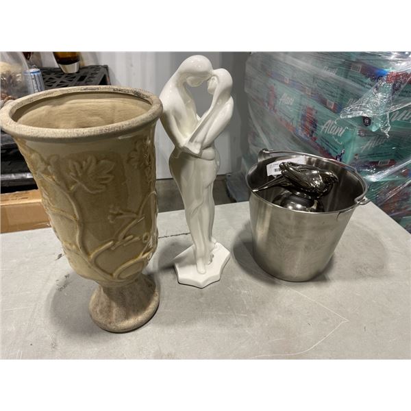 DECORATIVE FIGURE, BUCKET, BIRD AND PLANTER