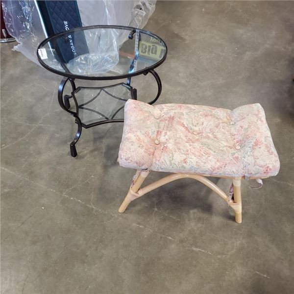 RATTAN BENCH AND OVAL GLASS TOP TABLE