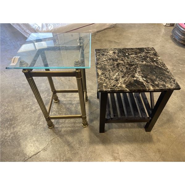 BRASS END TABLE WITH BEVELLED GLASS TOP, AND SQAURE ENDTABLE