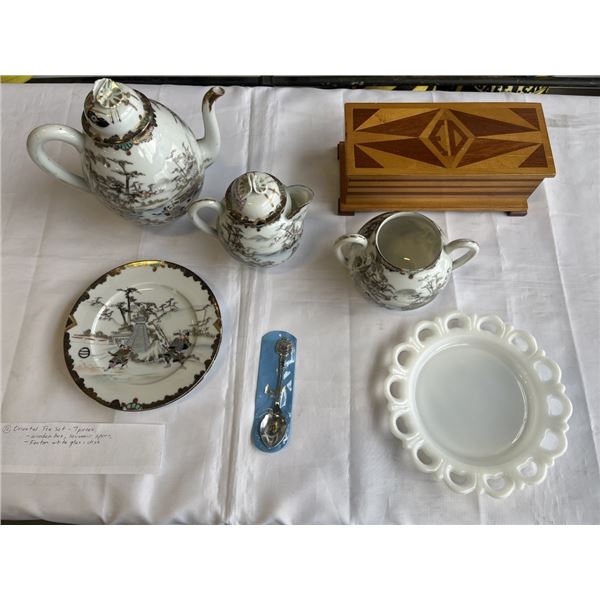 ORIENTAL TEA SETS 7 PIECES, WOODEN BOX SOUVENIR SPOON AND FENTON WHITE GLASS DISH.