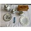 Image 1 : ORIENTAL TEA SETS 7 PIECES, WOODEN BOX SOUVENIR SPOON AND FENTON WHITE GLASS DISH.