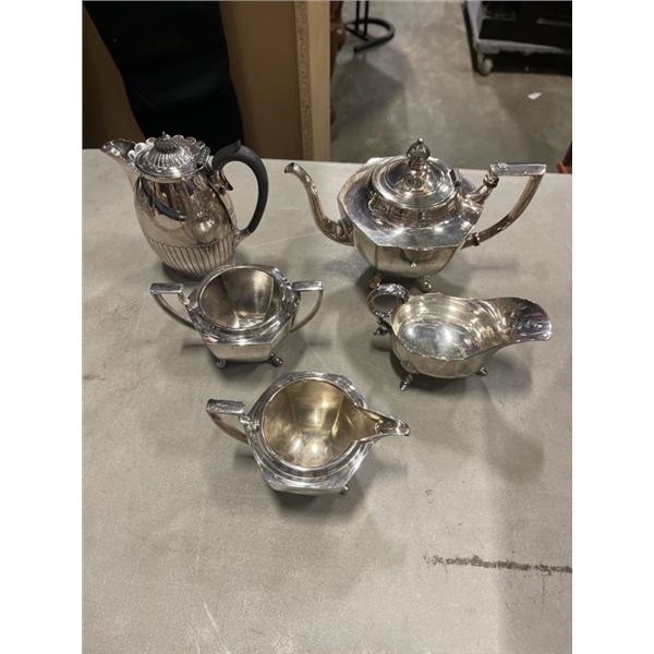 ASSORTMENT OF SILVER PLATE 3 PIECE TEA SET HOT WATER POT AND SAUCE BOAT