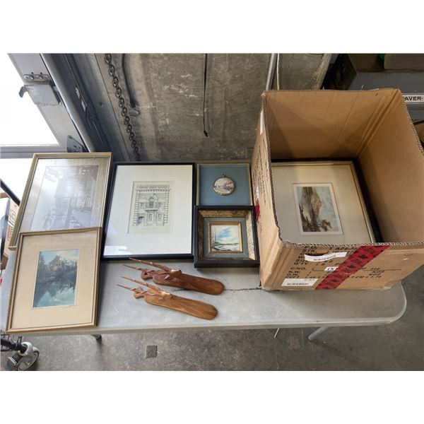 ASSORTED VINTAGE ARTWORK, PICTURES, CARVINGS ETC