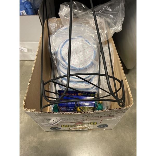 ANTIQUE CHINA PACKING CUBES, AND NEW 50FT HOSE, METAL PLANTSTAND