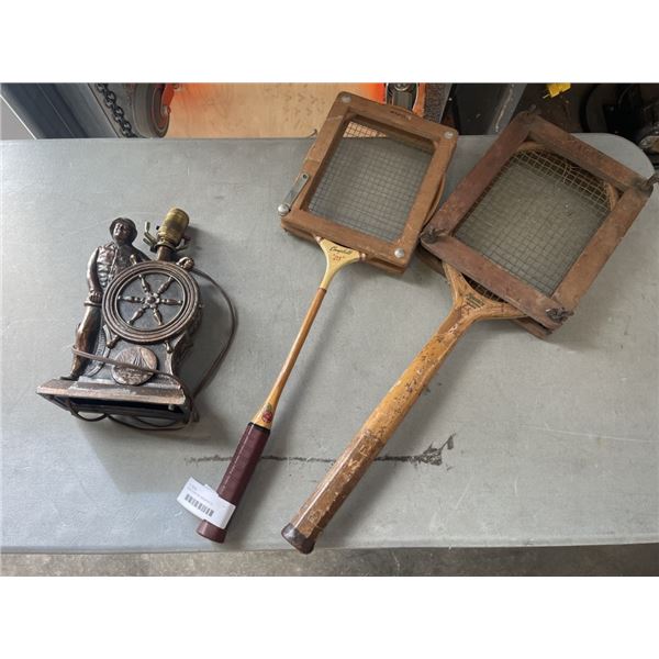 VINTAGE TENNIS AND BADMINTON RACQUETS AND VINTAGE COPPER SAILOR LAMP